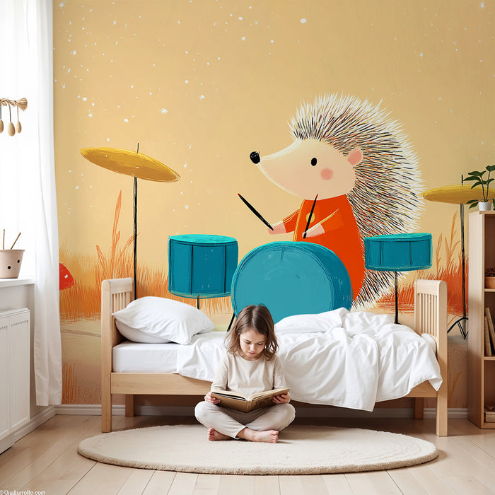 Kids room wallpaper | Musician hedgehog in a magical landscape