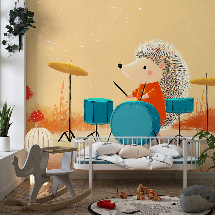 Kids room wallpaper | Musician hedgehog in a magical landscape