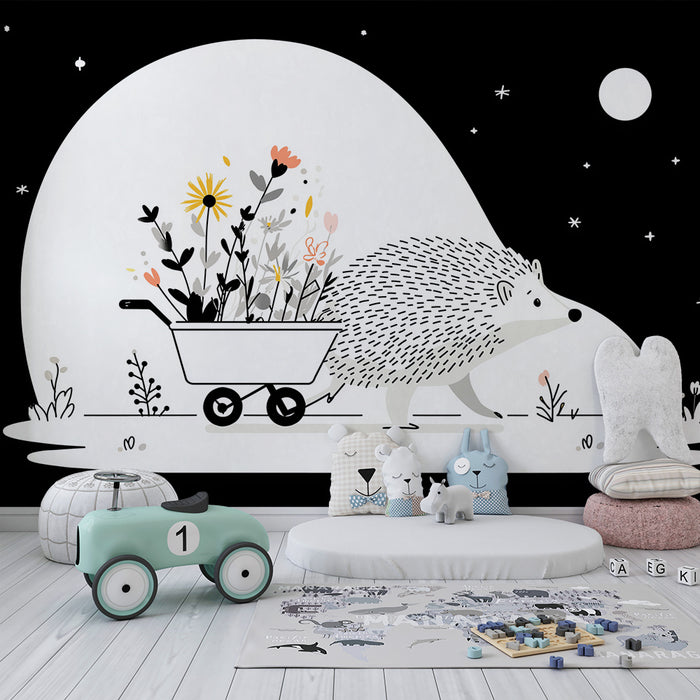 Børneværelse tapet | Natlig pindsvin med blomsterkurv