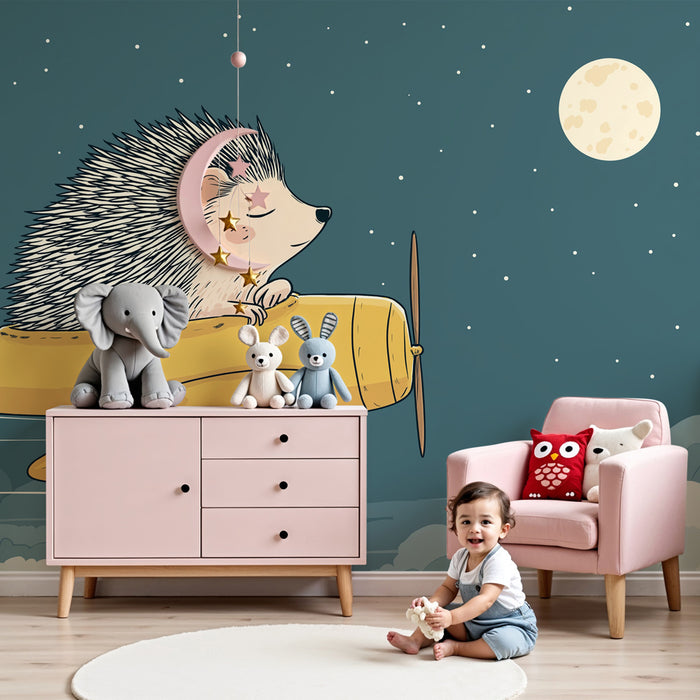 Kids room wallpaper | Pilot hedgehog in the starry night