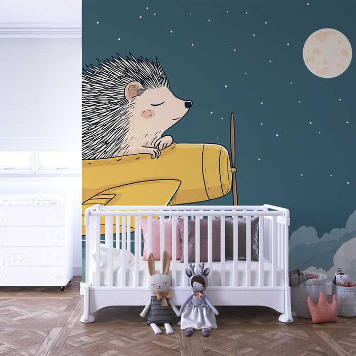 Kids room wallpaper | Pilot hedgehog in the starry night