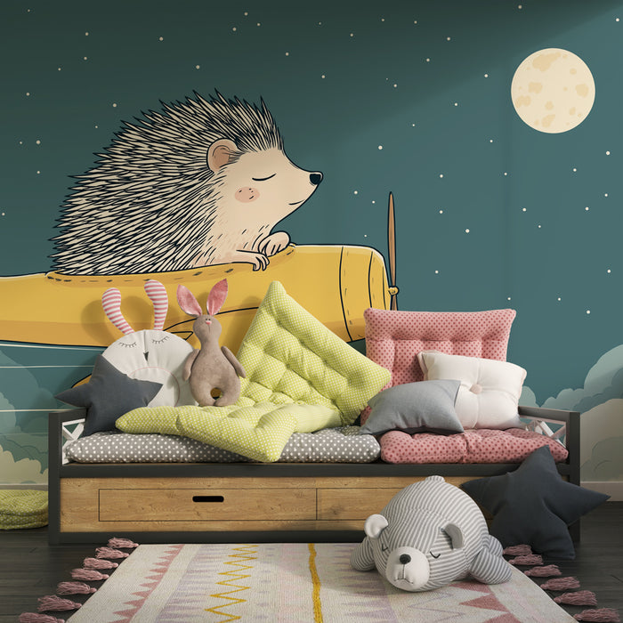 Kids room wallpaper | Pilot hedgehog in the starry night