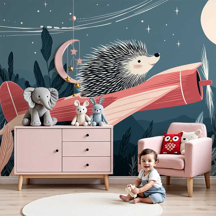 Gyermekszoba tapéta | Repülő sün pilóta egy csillagos égbolt alatt