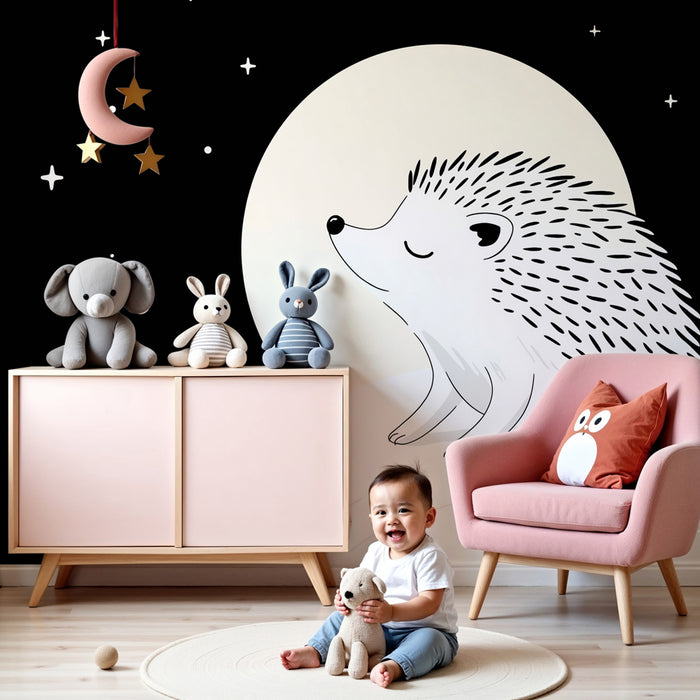 Papel pintado infantil | Erizo soñador bajo las estrellas