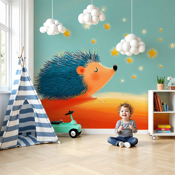 Papier peint chambre enfant | Hérisson rêveur sous un ciel étoilé