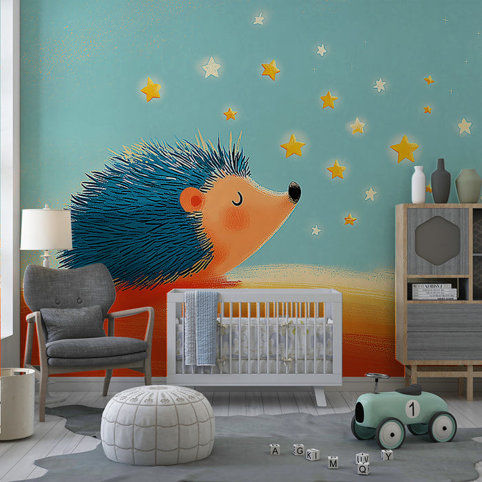 Papier peint chambre enfant | Hérisson rêveur sous un ciel étoilé