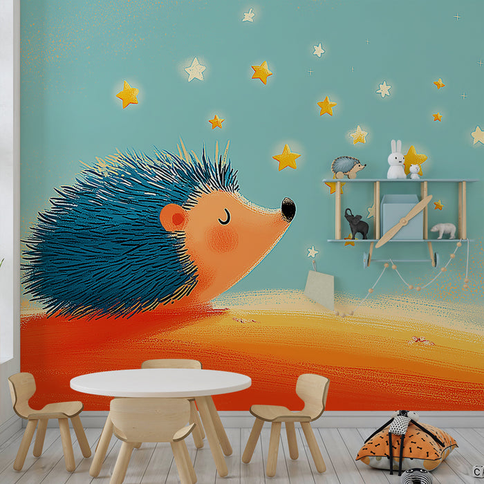 Papier peint chambre enfant | Hérisson rêveur sous un ciel étoilé