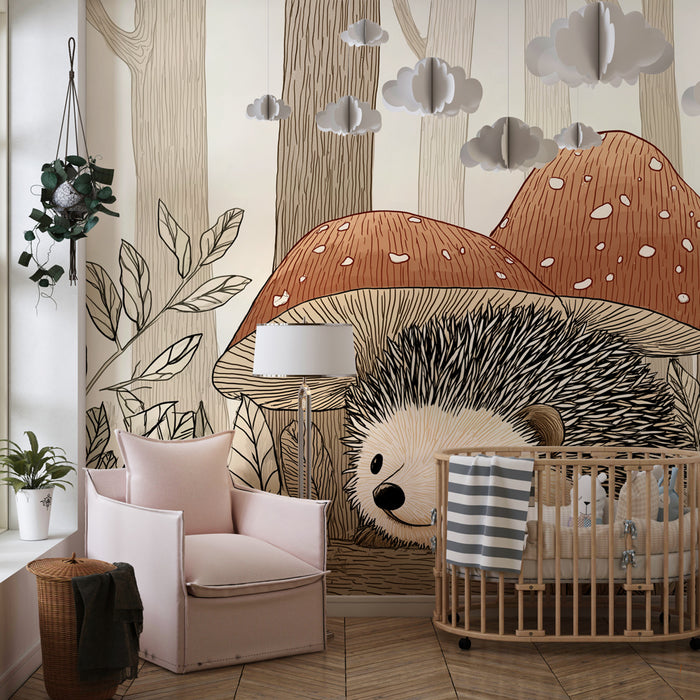 Kinderzimmer Tapete | Igel unter den Pilzen