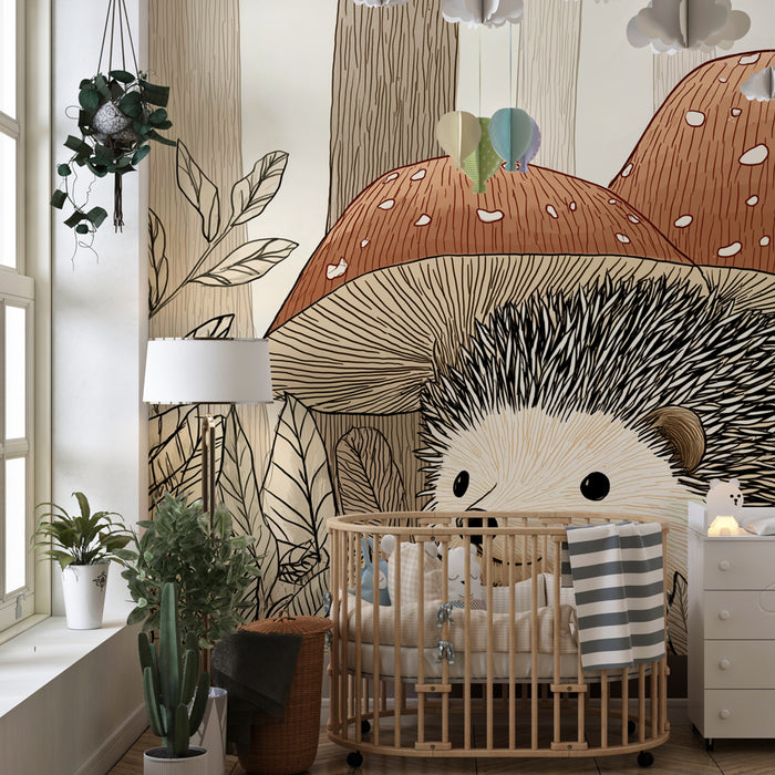 Kinderzimmer Tapete | Igel unter den Pilzen
