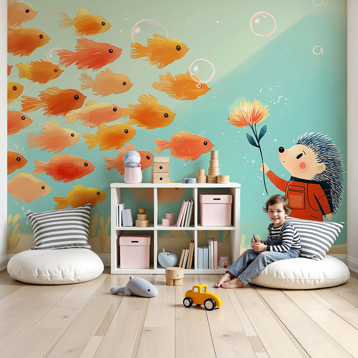 Papel de parede criança | Ouriço do mar com peixes coloridos