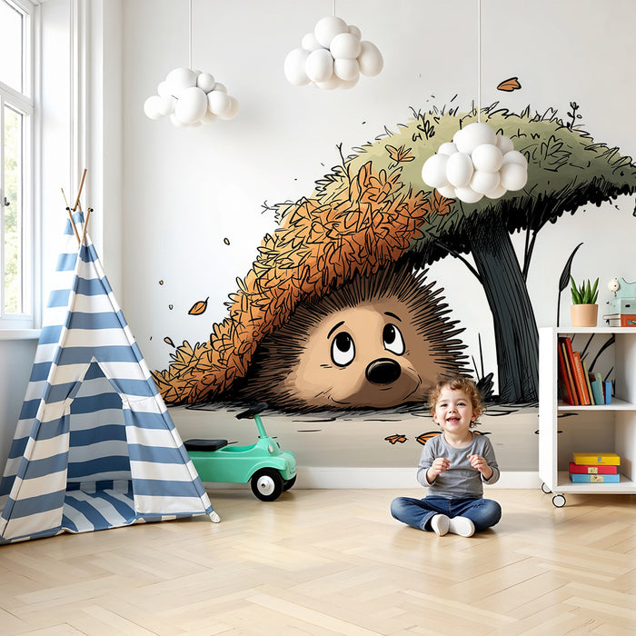 Kinderzimmer Tapete | Igel unter einem Laubdach im Herbst