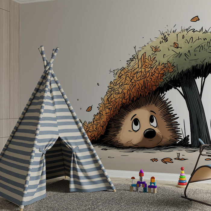 Kinderzimmer Tapete | Igel unter einem Laubdach im Herbst