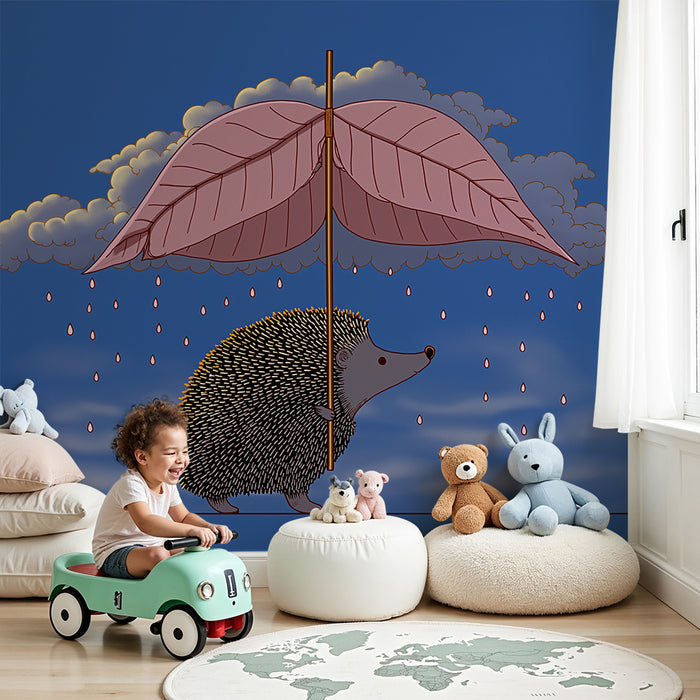Gyermekszoba tapéta | Sündisznó egy levele alatt esernyővel és színes esővel