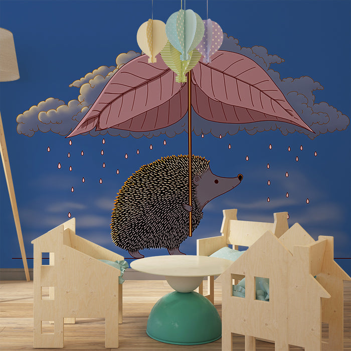 Gyermekszoba tapéta | Sündisznó egy levele alatt esernyővel és színes esővel