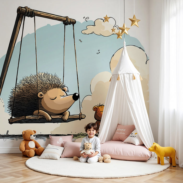Kinderkamer behang | Egeltje op een schommel en knuffelbeer