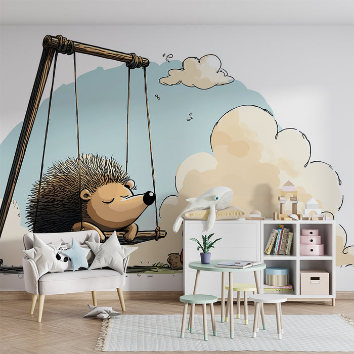 Kinderkamer behang | Egeltje op een schommel en knuffelbeer