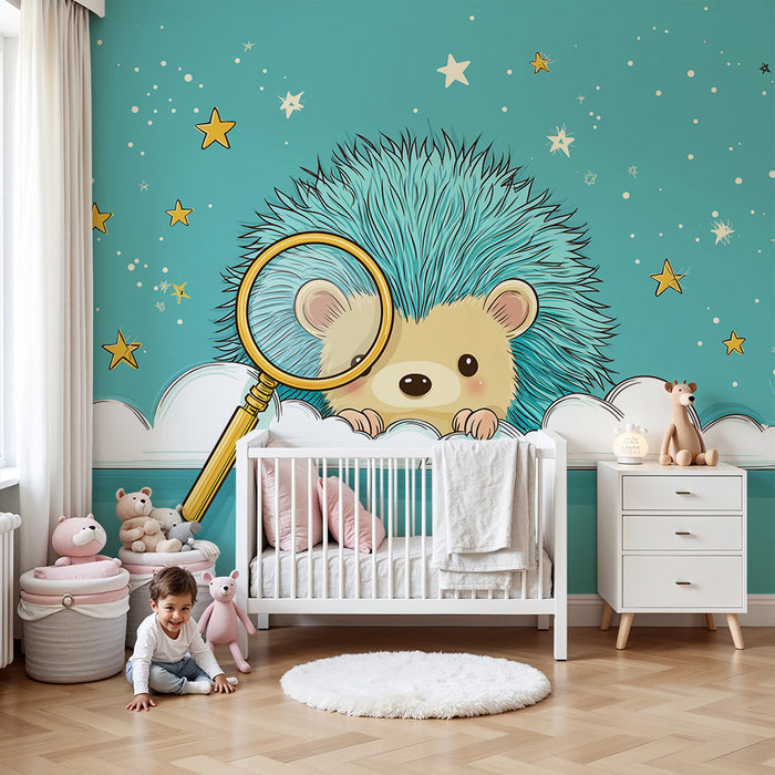 Kids room wallpaper | Hedgehog all in blue under a starry sky