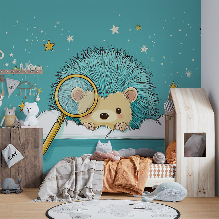 Kids room wallpaper | Hedgehog all in blue under a starry sky