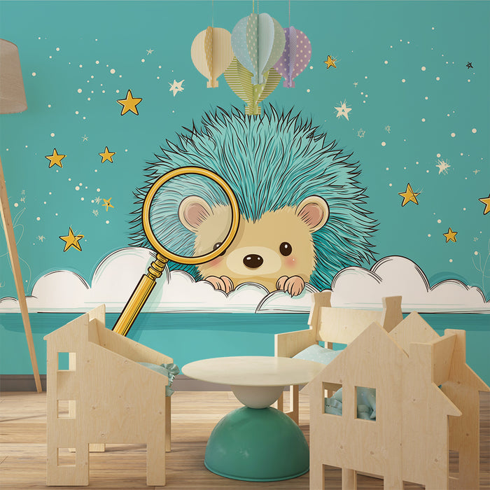 Kids room wallpaper | Hedgehog all in blue under a starry sky