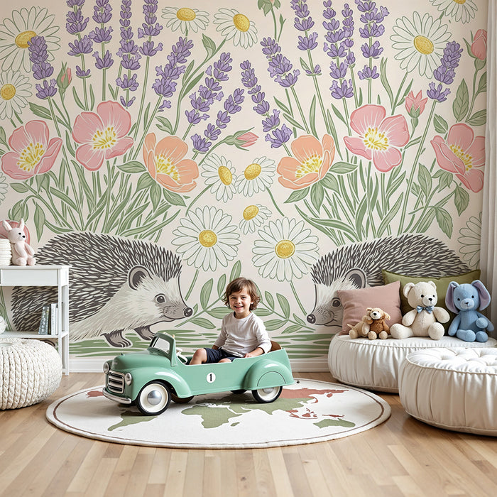 Papel pintado infantil | Erizos en medio de las flores