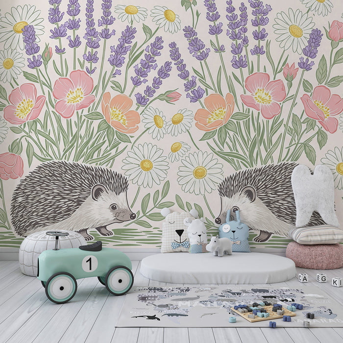 Papel pintado infantil | Erizos en medio de las flores