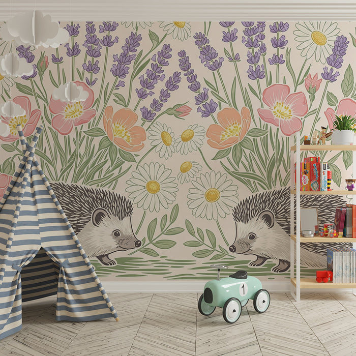 Papel pintado infantil | Erizos en medio de las flores