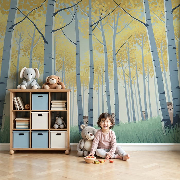 Kinderzimmer Tapete | Neugierige Igel in einem Wald mit goldenen Blättern
