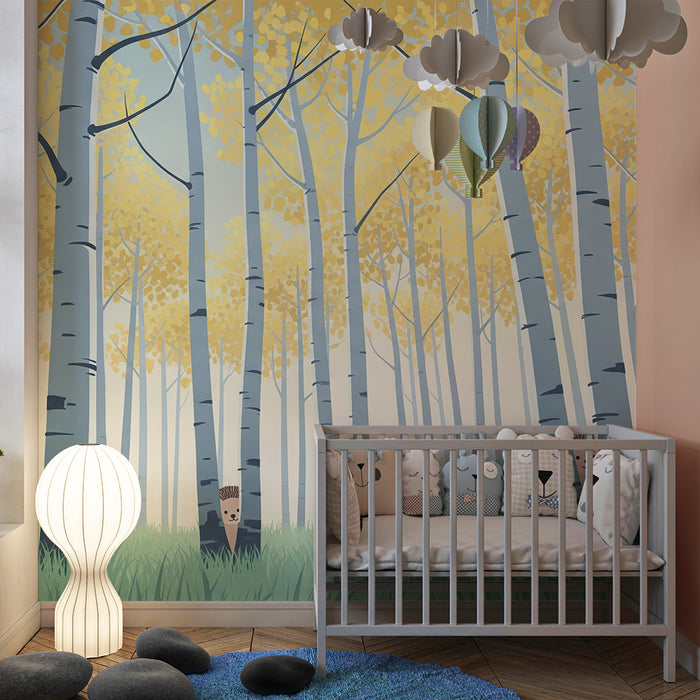Kinderzimmer Tapete | Neugierige Igel in einem Wald mit goldenen Blättern
