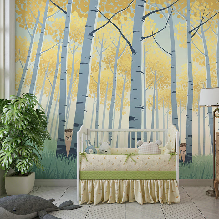 Kinderzimmer Tapete | Neugierige Igel in einem Wald mit goldenen Blättern