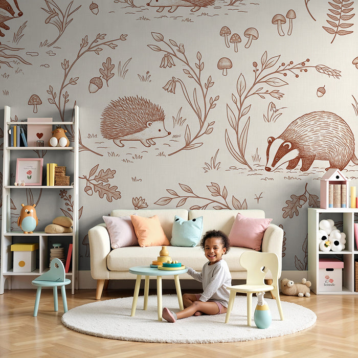 Papel de parede para quarto infantil | Ouriços e texugos num cenário natural