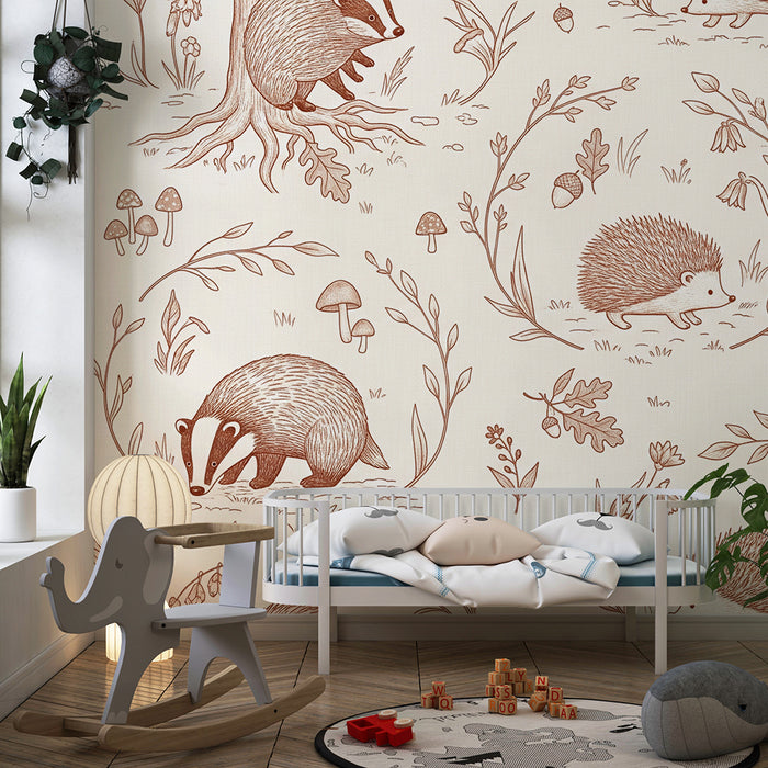 Papel de parede para quarto infantil | Ouriços e texugos num cenário natural