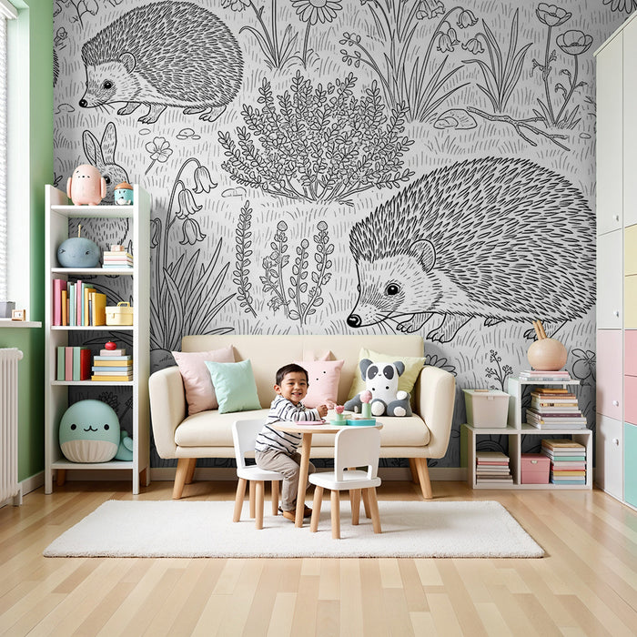 Kinderzimmer Tapete | Igel und Kaninchen in einem blühenden Garten