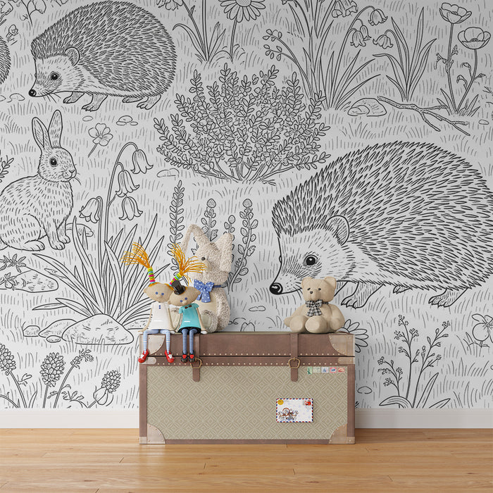 Kinderzimmer Tapete | Igel und Kaninchen in einem blühenden Garten