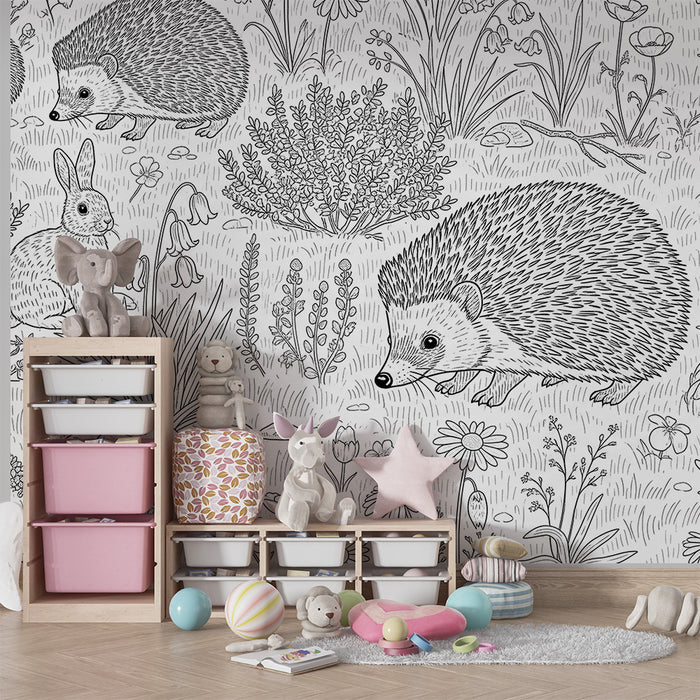 Kinderzimmer Tapete | Igel und Kaninchen in einem blühenden Garten