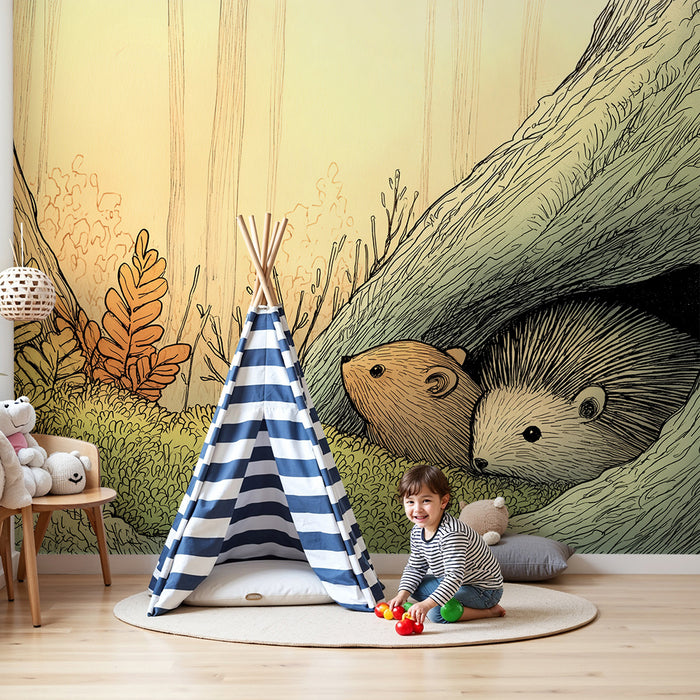 Papier peint chambre enfant | Hérissons et nature paisible dans les arbres