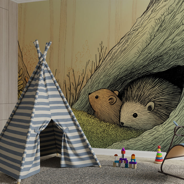 Papier peint chambre enfant | Hérissons et nature paisible dans les arbres