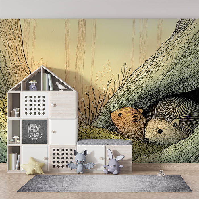Papier peint chambre enfant | Hérissons et nature paisible dans les arbres