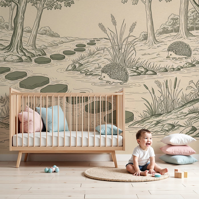 Papel de parede para quarto infantil | Ouriços a explorar um riacho tranquilo