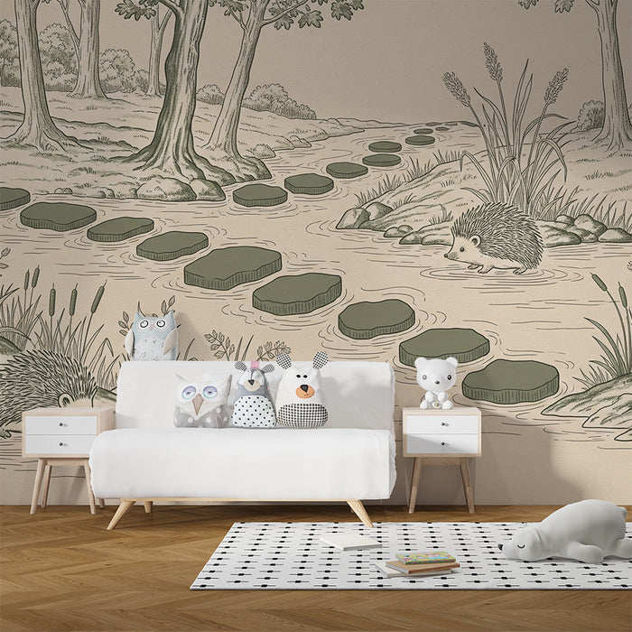 Papel de parede para quarto infantil | Ouriços a explorar um riacho tranquilo