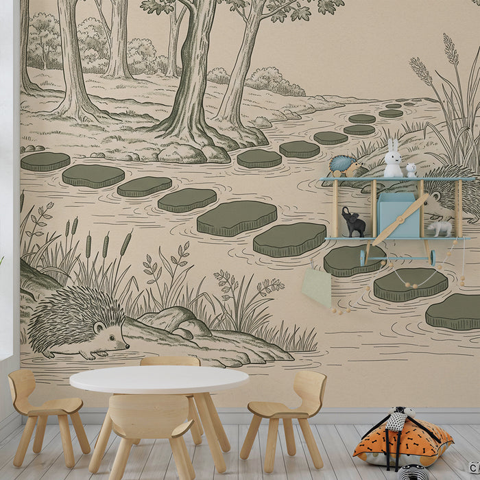 Papel de parede para quarto infantil | Ouriços a explorar um riacho tranquilo