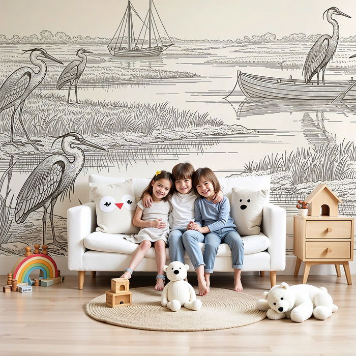 Children's bedroom wallpaper | Majestic herons by the water with boats in the background