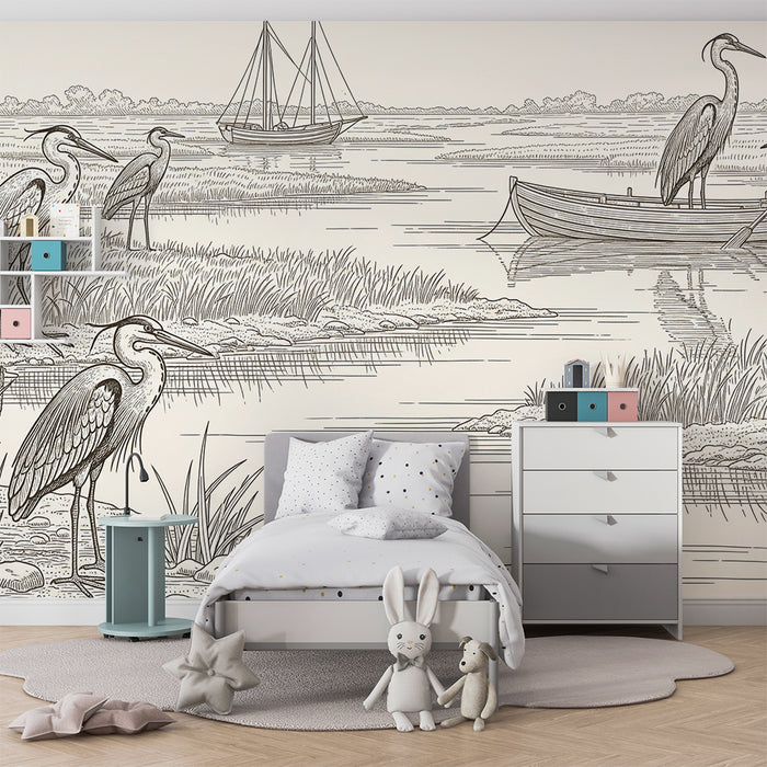 Children's bedroom wallpaper | Majestic herons by the water with boats in the background