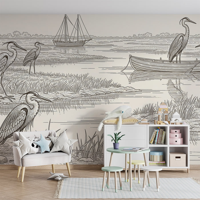 Children's bedroom wallpaper | Majestic herons by the water with boats in the background