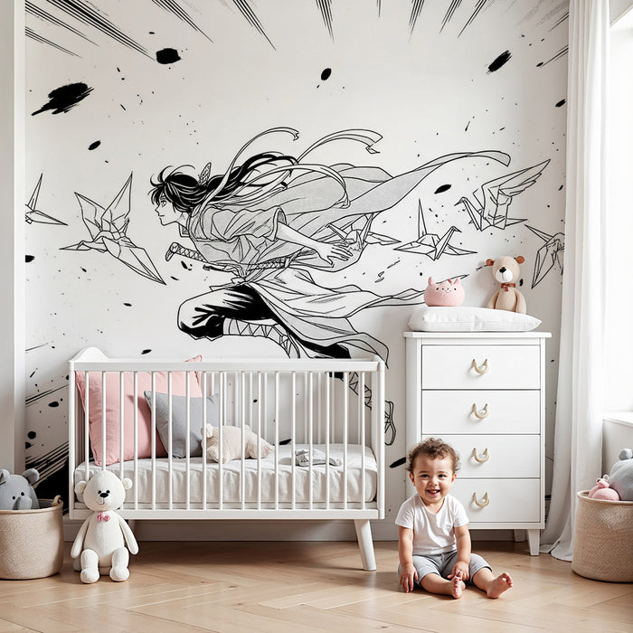 Papier behang kinderkamer | Actiehelden met origami en dynamische beweging