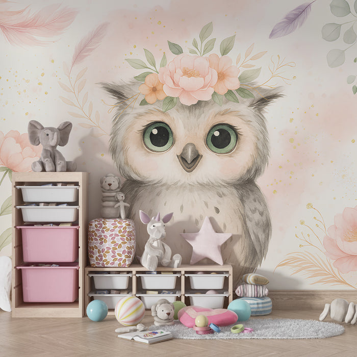 Papier peint chambre enfant | Hibou adorable avec fleurs
