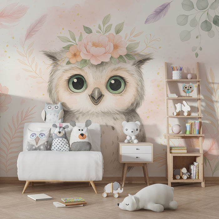 Papier peint chambre enfant | Hibou adorable avec fleurs
