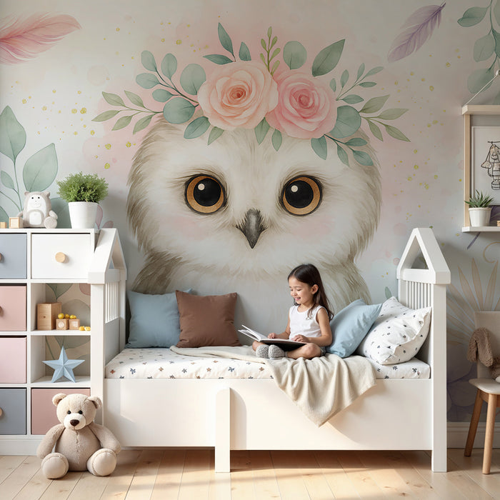 Papier peint chambre enfant | Hibou aux fleurs et aux feuilles