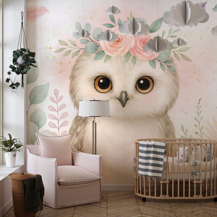 Papier peint chambre enfant | Hibou aux fleurs et aux feuilles