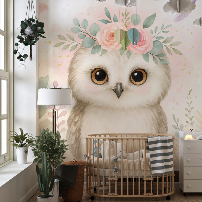 Papier peint chambre enfant | Hibou aux fleurs et aux feuilles