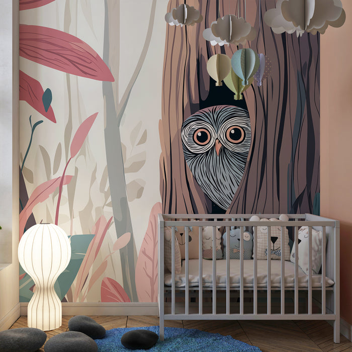 Kinderkamer behang | Uil verstopt in het bos